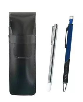 Тонкий пенал из воловьей кожи черного цвета с металлическим индикатором и металлическим механическим карандашом синего цвета ASB-701S-SI2067SP-L