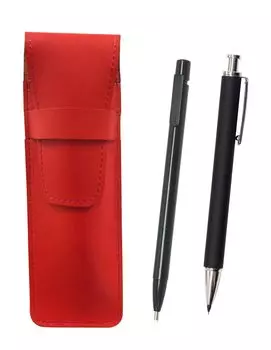 Тонкий пенал из воловьей кожи красного цвета с ластиком Extra Fine Knock черного цвета и резиновым стержнем, набор из 2 латунных механических карандашей Knock черного цвета