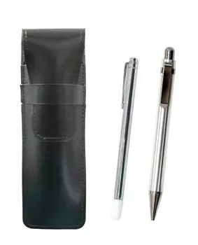 Тонкий пенал из воловьей кожи с черным металлическим стержнем-индикатором и цельнометаллической прочной шариковой ручкой с прямым стержнем ASB-701S-M11B