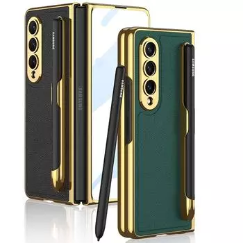 Тонкий простой кожаный чехол для Samsung Galaxy Z Fold 4 5g Fold4, чехол с HD-пленкой из закаленной пленки, слот для ручек, защита от падения, крышка Fold4 Case & Screen Protector
