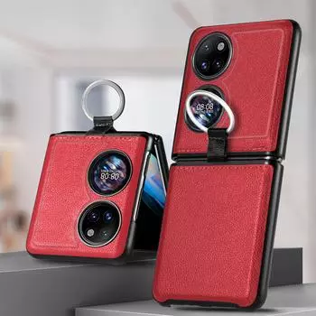 Тонкий простой кожаный матовый чехол для Huawei P50, карманный противоударный складной чехол с защитой от падения, с кольцом на палец for P50 Pocket чёрный