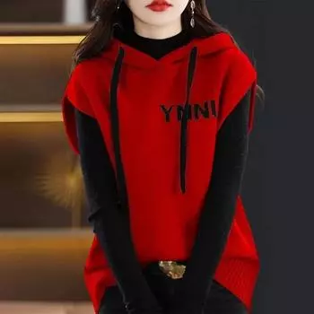 Тонкий простой пуловер на весну и осень, однотонный жилет без рукавов, женский однотонный повседневный спортивный жилет с капюшоном, вязаный жилет XXXL красный