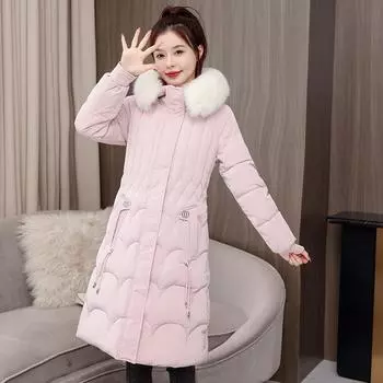 Тонкий пуховик 2023 Новая женская длинная белая стеганая куртка с меховым воротником M белый