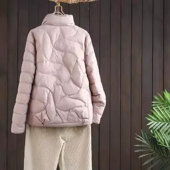 Тонкий пуховик женский 2024 новый литературный и художественный веер воротник стойка повседневный свободный модный универсальный однотонный тонкий короткий пиджак S розовый