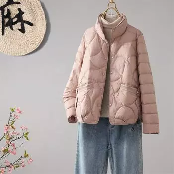 Тонкий пуховик женский 2024 новый литературный и художественный веер воротник стойка повседневный свободный модный универсальный однотонный тонкий короткий пиджак S чёрный