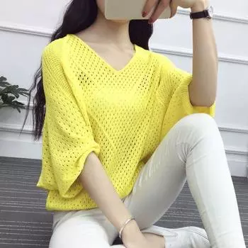 Тонкий пуловер с v-образным вырезом, вязаный свитер, женские топы, большой размер, свитер со скелетом и семиминутными рукавами, женская свободная рубашка One Size жёлтый