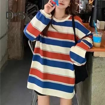 Тонкий пуловер в полоску, мягкий эластичный и стильный женский топ свободного кроя для максимального комфорта L красный