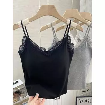 Тонкий ремешок, нагрудная подкладка, майка, женский внутренний, сексуальное кружево, V-образный вырез, открытая спина, бюстгальтер, интегрированный базовый топ Black Free size (45.00 kg-62.50 kg
