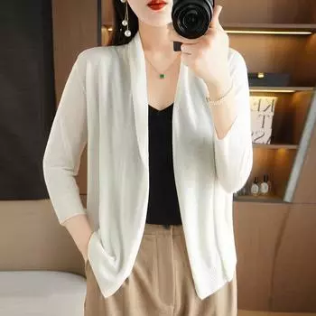 Тонкий шелковый льняной трикотажный кардиган для женщин с длинными рукавами, свободная элегантная шаль, повседневное пальто, однотонное, простая базовая модель, для поездок на работу, весна-осень M белый