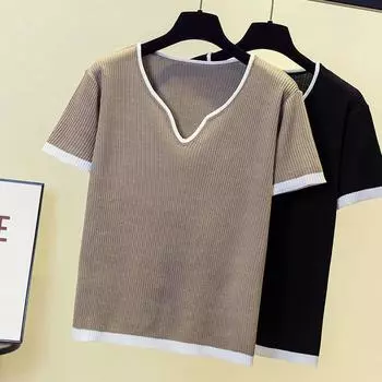 Тонкий шелковый свитер для женщин с короткими рукавами, летний новый высококачественный свободный топ цвета хаки с рисунком куриного сердца и V-образным вырезом L