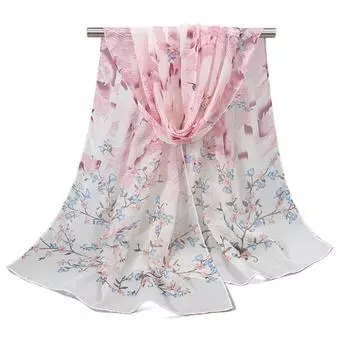 Тонкий шифоновый шарф с цветочным принтом, шаль из шелка, новые пляжные шарфы Light Purple1