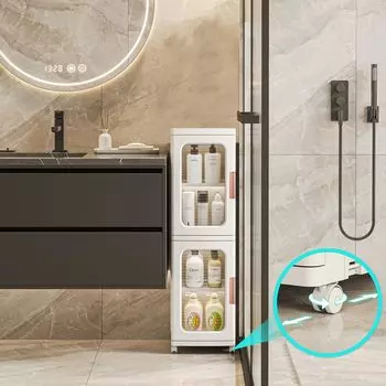 Тонкий шкаф для хранения в ванной комнате для небольших помещений, 2-х уровневый пластиковый узкий органайзер для хранения с дверцами и полками, штабелируемый напольный шкаф для ванной комнаты 1 layer белый