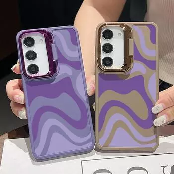 Тонкий силиконовый чехол с фиолетовыми волнистыми полосками для Samsung S24 Ultra S23 A55 A54 A34 A35 A16 A15, защита объектива, противоударный мягкий чехол из ТПУ Samsung S24 чёрный