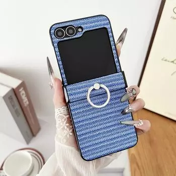 Тонкий складной чехол из 3 предметов из однотонной кожи в полоску для Samsung Galaxy Z Flip6 Flip5 Flip4 Flip3 с кольцом-держателем, жесткий противоударный матовый чехол для телефона из ПК Samsung Z Flip6 синий