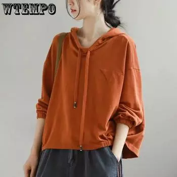 Тонкий свитер из чистого хлопка с капюшоном, женский литературный модный повседневный пуловер на шнуровке, однотонный топ с длинными рукавами M чёрный