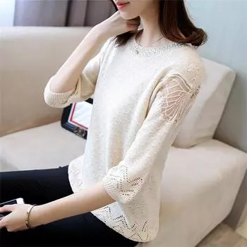 Тонкий свитер, полый кружевной вязаный свитер, новые женские свободные рубашки с семиминутными рукавами, топы розовый