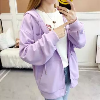 Тонкий свитшот с капюшоном для женщин в гонконгском стиле, свободный, студенческий, универсальный, корейский стиль, весенне-осеннее пальто с длинными рукавами, на молнии, модный кардиган M