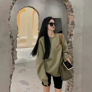 Тонкий свитшот женский осенний новый стиль с длинными рукавами свободный зеленый круглый вырез студенческая куртка топ женский модный стиль M