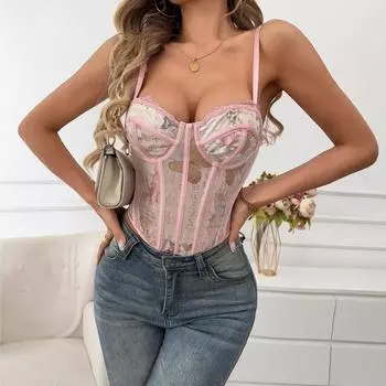 Тонкий талия цветочный ретро сексуальный елочка корсет жилет для женщин Medium жёлтый/розовый