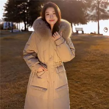 Тонкий теплый пуховик в Корейском стиле с поясом длиной до колена, осенне-зимний новый утепленный пуховик с капюшоном на белом утином пуху S белый