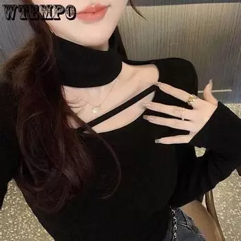 Тонкий тонкий свитер с воротником-стойкой, сексуальный однотонный женский топ с длинным рукавом, облегающая рубашка, повседневная весна-лето S чёрный