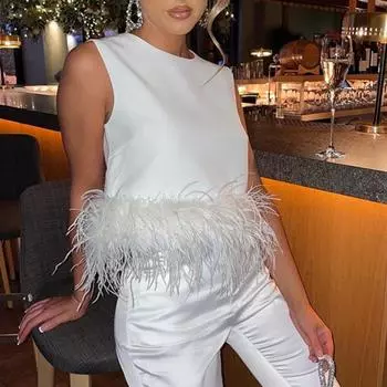 Тонкий топ с перьями в стиле пэчворк, круглый вырез, без рукавов, молния сзади, декоративный пуловер, корейский сексуальный топ без рукавов S чёрный