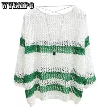 Тонкий трикотаж в полоску, женская летняя солнцезащитная одежда, свободный повседневный пуловер, футболка, джемпер контрастного цвета M оранжевый