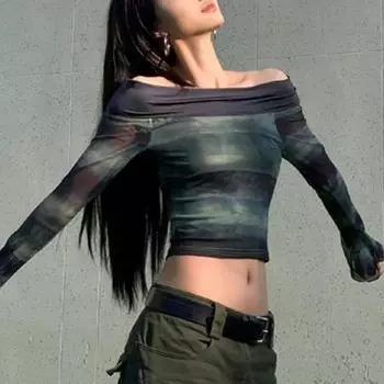 Тонкий уличный топ с открытыми плечами и принтом в стиле ретро, женские летние винтажные футболки Pure Desire с длинными рукавами, женский сетчатый повседневный пуловер для горячих девушек One Size серый