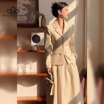 Тонкий жакет, универсальная длинная юбка, женский весенний благородный костюм знаменитости, женский повседневный костюм, офисный женский костюм S