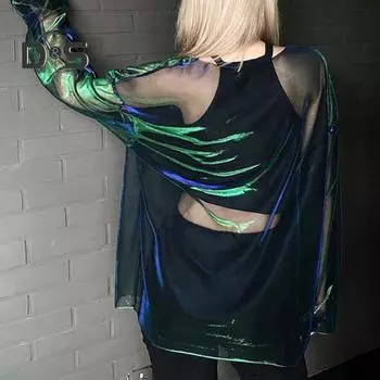 Тонкий женский клубный топ, свободная модная однотонная женская вечерняя футболка S зелёный/синий