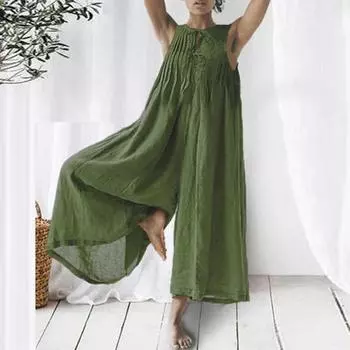 Тонкий женский комбинезон без рукавов с круглым вырезом и шнуровкой спереди, винтажный однотонный плиссированный комбинезон с широкими штанинами L зелёный