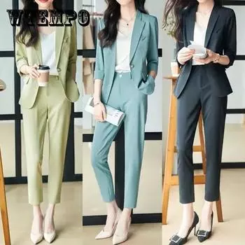 Тонкий женский костюм с рукавом три четверти, топ, брюки-карандаш, модная повседневная профессиональная одежда, пиджак, женский, летний и осенний 4XL зелёный