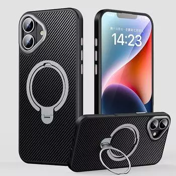 Тонкий жесткий чехол с текстурой из углеродного волокна для iPhone 16 Pro Max 15 Pro 14 13 12 для противоударного гибридного ПК с металлическим кронштейном и магнитным чехлом для телефона MagSafe iPhone 16 серебряный