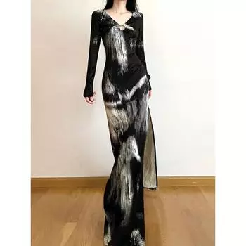 Тонкое ажурное платье с разрезом и принтом, праздничные сексуальные платья макси с v-образным вырезом и длинными рукавами для женщин, осень-весна 2023, женские платья S чёрный