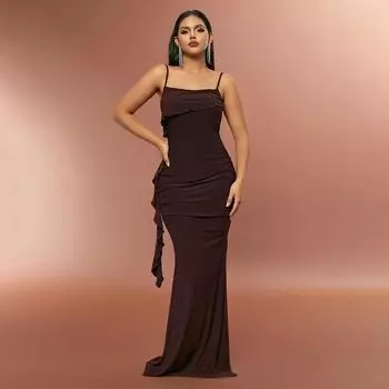 Тонкое европейское и американское женское модное темпераментное платье, длинное платье для похудения с открытой спиной и кисточками. XS кофейный/коричневый