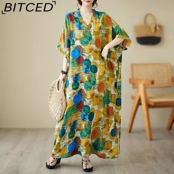 Тонкое хлопковое льняное платье с v-образным вырезом большого размера, свободное литературное летнее новое пляжное платье в курортном стиле, длинный халат в стиле ретро One Size красный