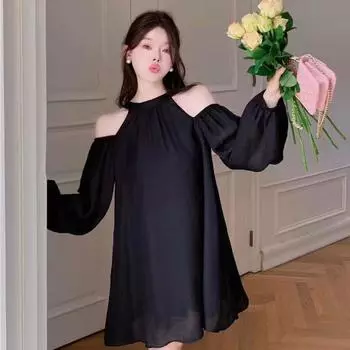 Тонкое мини-платье халтер с рукавами-фонариками, А-силуэт, короткая юбка, милое платье халтер с открытыми плечами, для вечеринки M