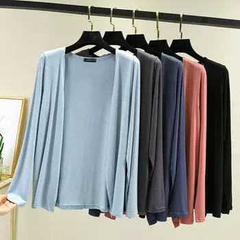 Тонкое модальное пальто, женская летняя свободная одежда, универсальный повседневный топ с длинным рукавом, вязаный кардиган с кондиционером, солнцезащитная одежда M чёрный