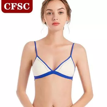 Тонкое нижнее белье с цветными блоками, треугольные чашки, красивый бюстгальтер на спине, тонкие бретели, небольшой бюстгальтер со сборками сзади, однорядная пряжка S синий