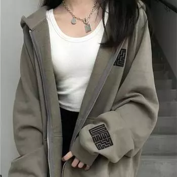 Тонкое пальто для женщин на осень и зиму в корейском стиле, ленивый стиль, студенческий тренд, свободная молния, длинный рукав, кардиган, свитшот M