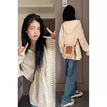 Тонкое пальто с капюшоном Весна и Лето Трикотаж на молнии Beige White 2XL Suggested 67.50 kg-75.00 kg