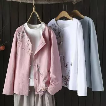 Тонкое пальто с вышивкой в китайском стиле с круглым вырезом, женская рубашка больших размеров с длинными рукавами на весну и осень XXXXXL белый