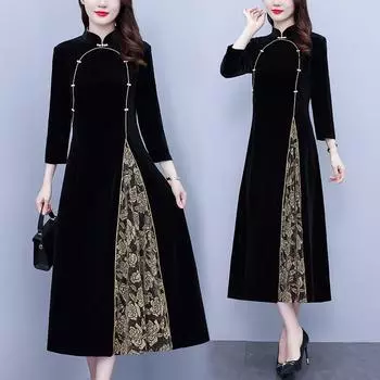 Тонкое платье Cheongsam в китайском стиле больших размеров в стиле ретро в этническом стиле L чёрный