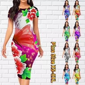 Тонкое платье длиной до колена с коротким рукавом, модное женское платье миди с 3D принтом летающей бабочки XS синий