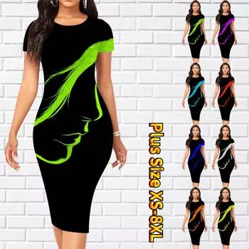 Тонкое платье длиной до колена с коротким рукавом, модное женское платье миди с 3D принтом на боковом лице XS зелёный