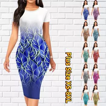 Тонкое платье длиной до колена с коротким рукавом, модное женское платье миди с 3D принтом листьев XS синий