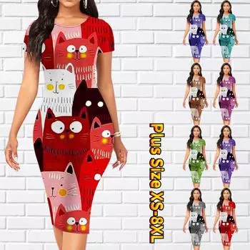 Тонкое платье длиной до колена с коротким рукавом, модное женское платье миди с 3D милым котенком и принтом XS синий