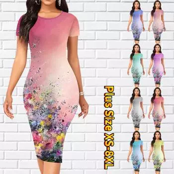 Тонкое платье длиной до колена с коротким рукавом, модное женское платье миди с 3D масляной живописью, цветочным принтом XS синий