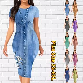 Тонкое платье длиной до колена с коротким рукавом, модное женское платье миди с 3D джинсовой текстурой и принтом