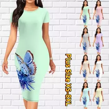 Тонкое платье длиной до колена с коротким рукавом, модное женское платье миди с 3D синим принтом бабочки XS зелёный